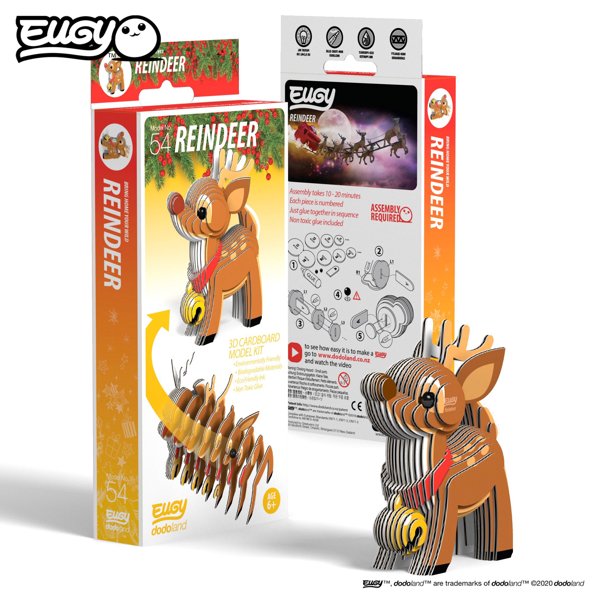EUGY Reindeer - 3D Cardboard Model Kit, box & reindeer view