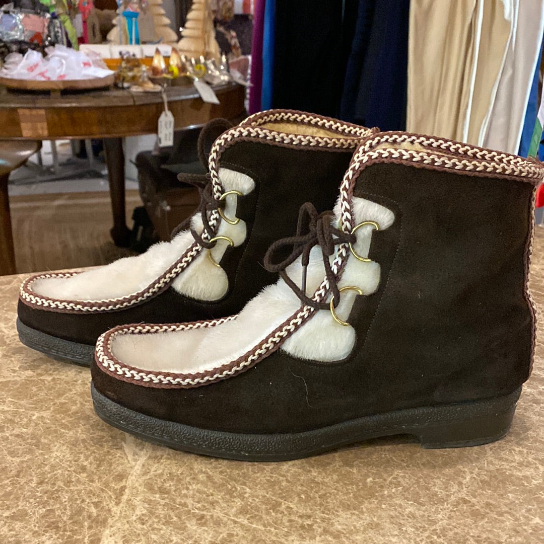 Vintage Snowland Brown Suede & Cream Wool Après Snow Boots