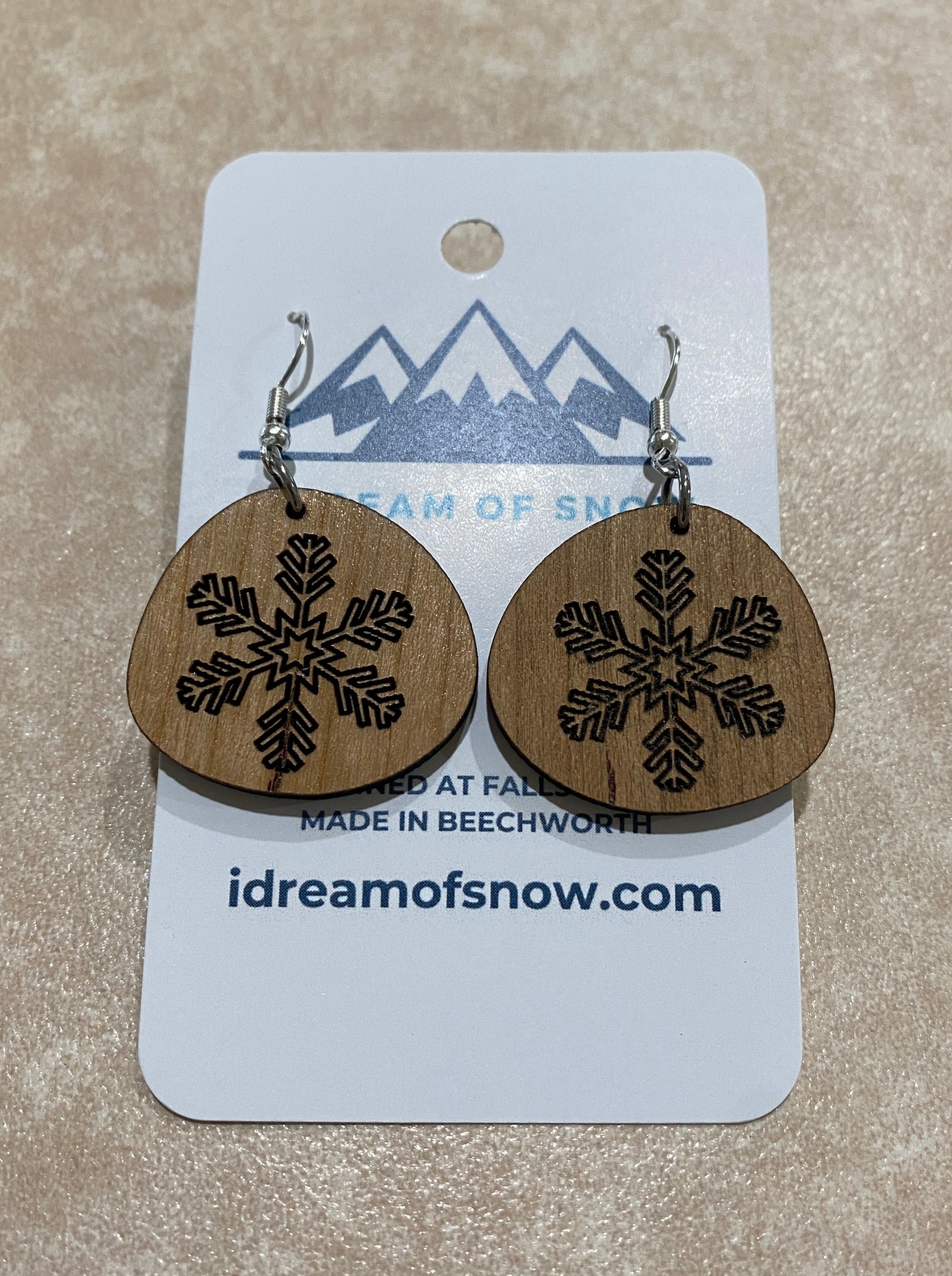 Cherry Wood Snowflake Earring 2 by I Dream Of Snow. Imagined in Falls Creek. Made in Beechworth.