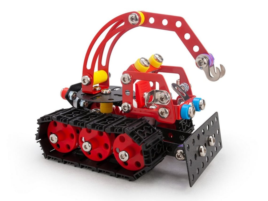 Photo of a red Constructor Nordic Snowcat with black caterpillar wheel tread and some yellow and blue bolts against a white background.