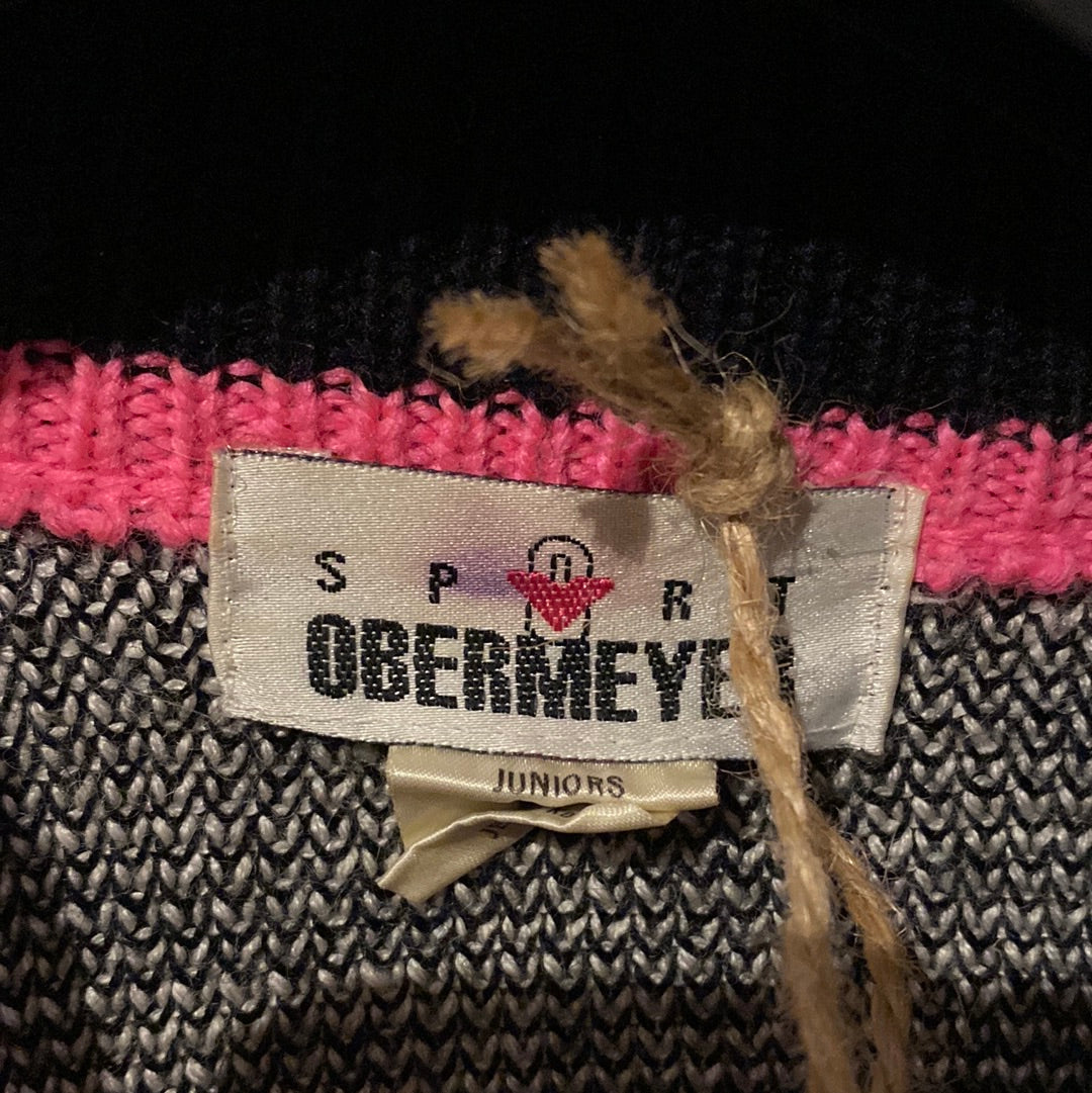 Vintage Obermeyer Black Pink & Yellow-Orange Snowflake Cardigan