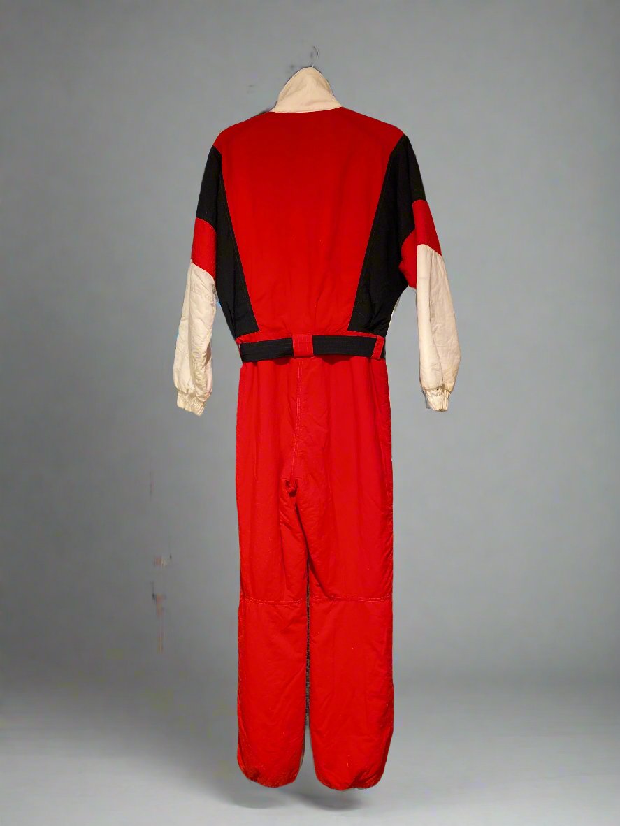 Vintage Nils red, black and white one-piece snow suit with black fabric belt. Rear