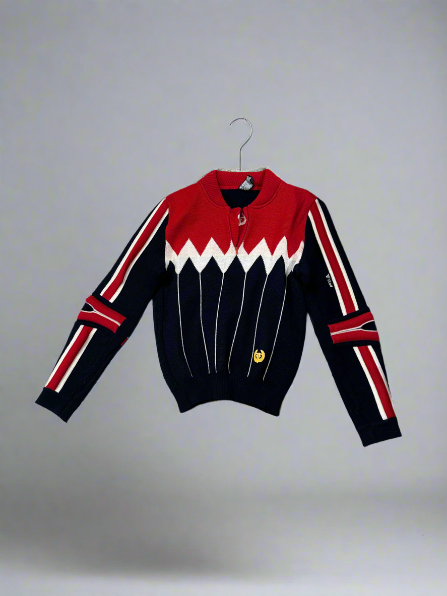Vintage Flad  Navy Red White Padded Ski Race Jumper. front view