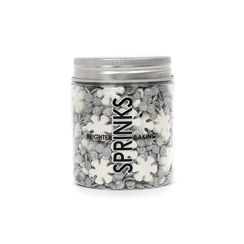 Image of container of white and silver snowflake shaped sprinkles for cake or cookie decorating viewed from the front with brand label