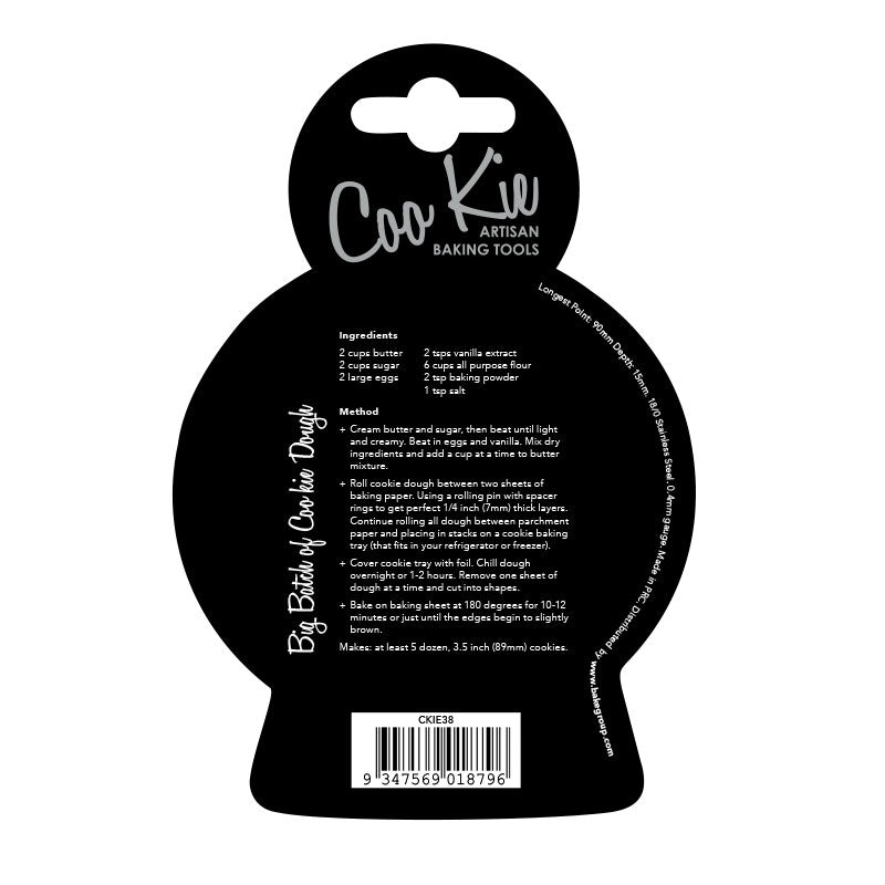 Image of the back of the snow globe cookie cutter cardboard backing, with a recipe in white text. Shown against a white backdrop. 