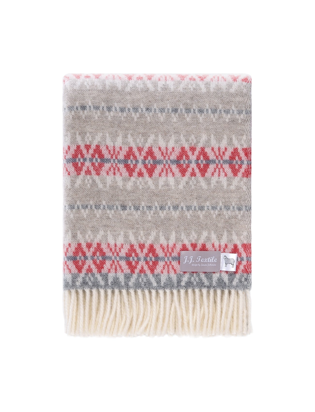 Nord Wool Throw blanket in grey, taupe and vibrant red tones, with snowflake pattern on edges
