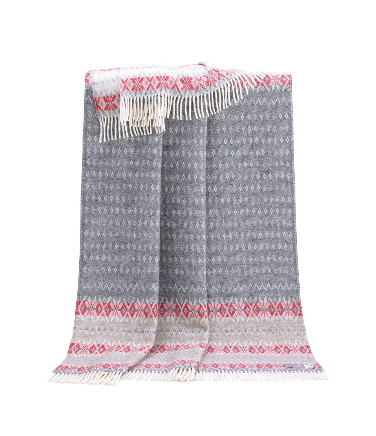 Nord Wool Throw blanket  in grey, taupe and vibrant red tones. 