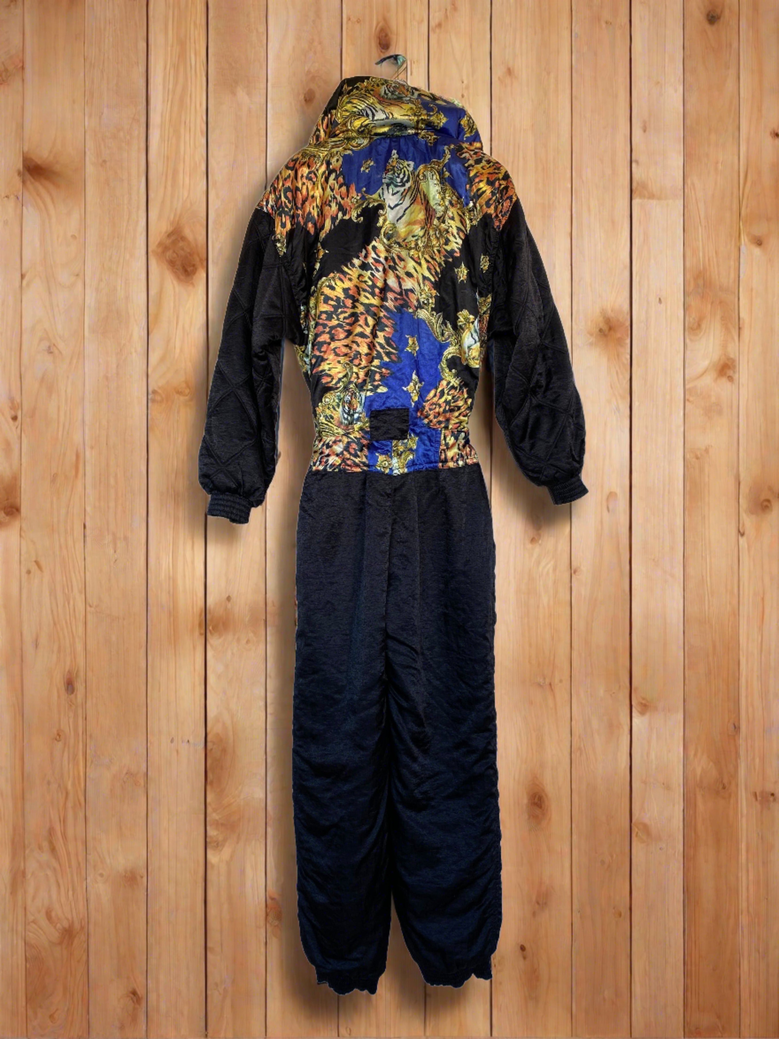 Vintage Sportalm Black & Tiger Print Shimmery One Piece Ski Suit