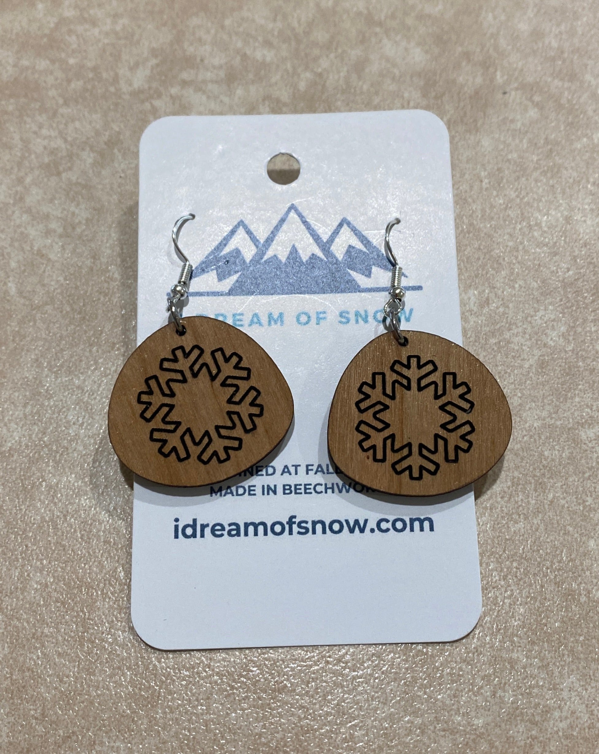 Cherry Wood Snowflake Earring 1 by I Dream Of Snow. Imagined in Falls Creek. Made in Beechworth.