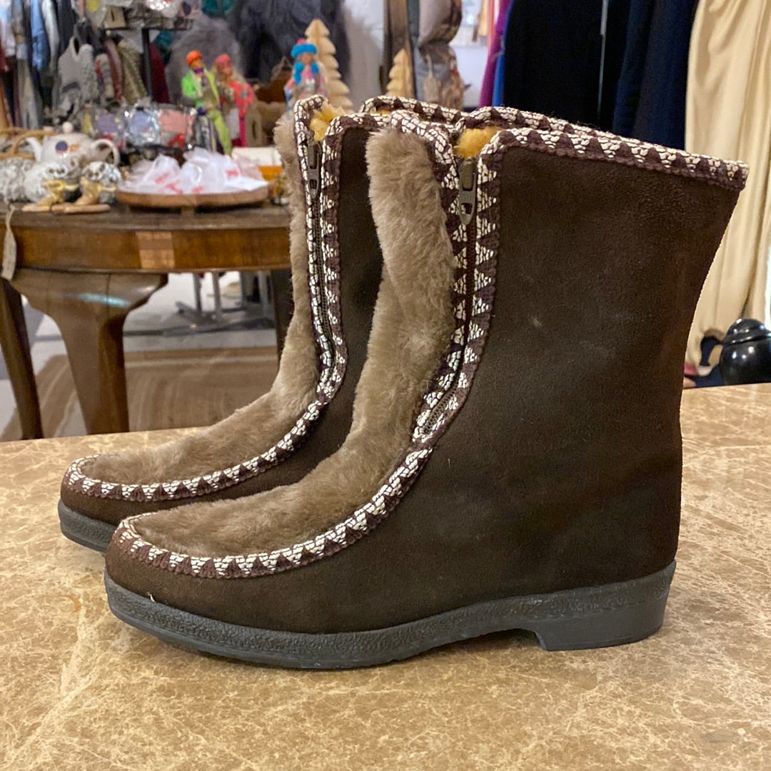 Vintage Snowland Brown Suede & Wool Après Snow Boots
