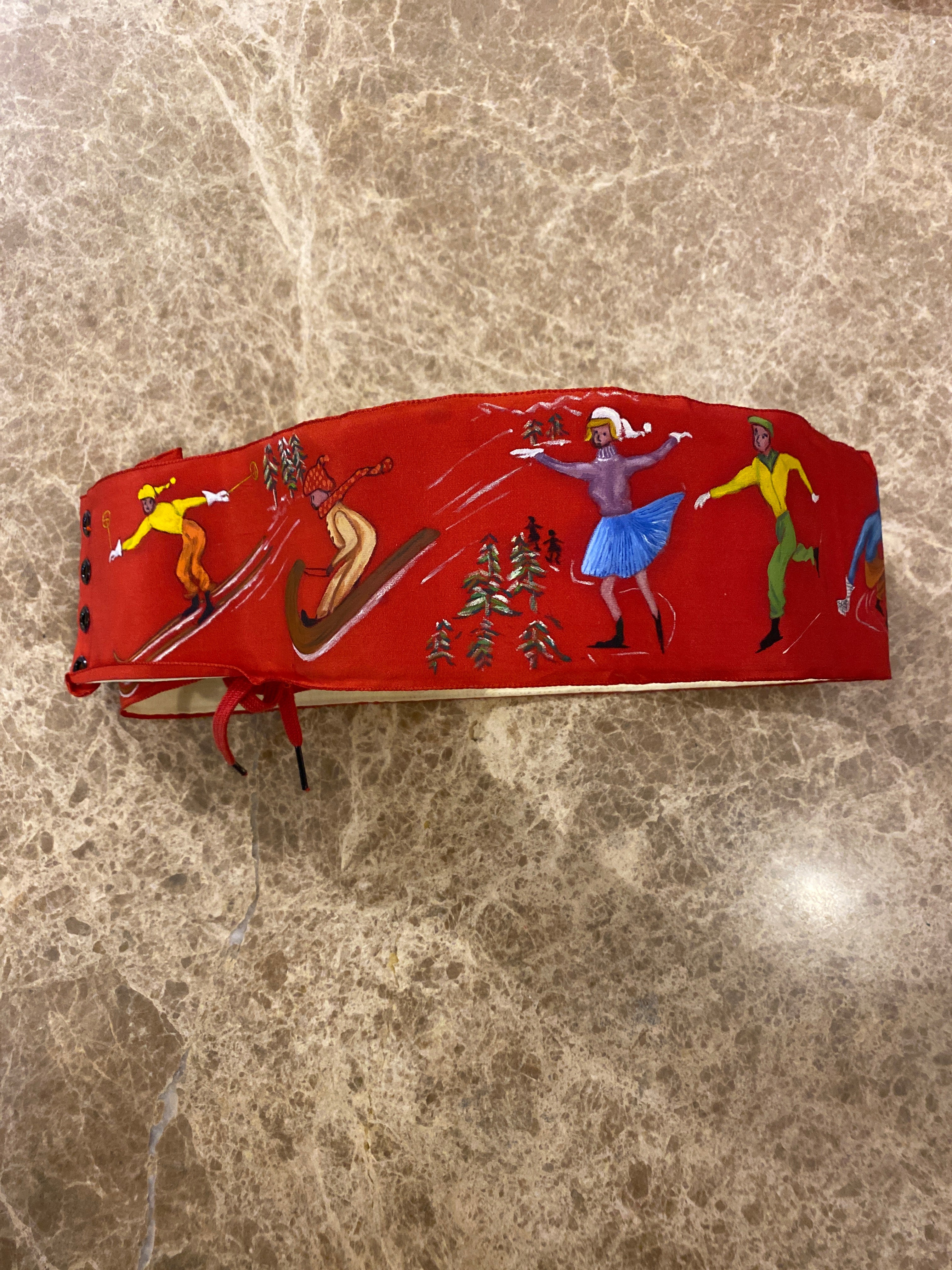 Vintage Red Belt with Hand Painted SnowSports. 2