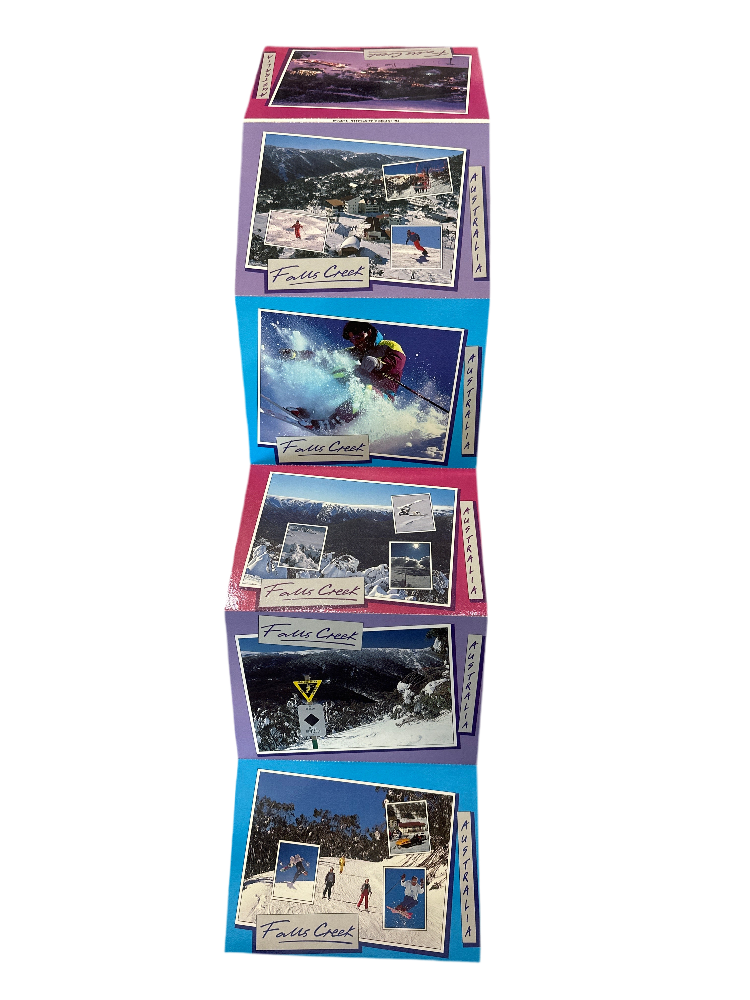 Falls Creek 1990's Fold out Post Card Set - coloured background unfolded