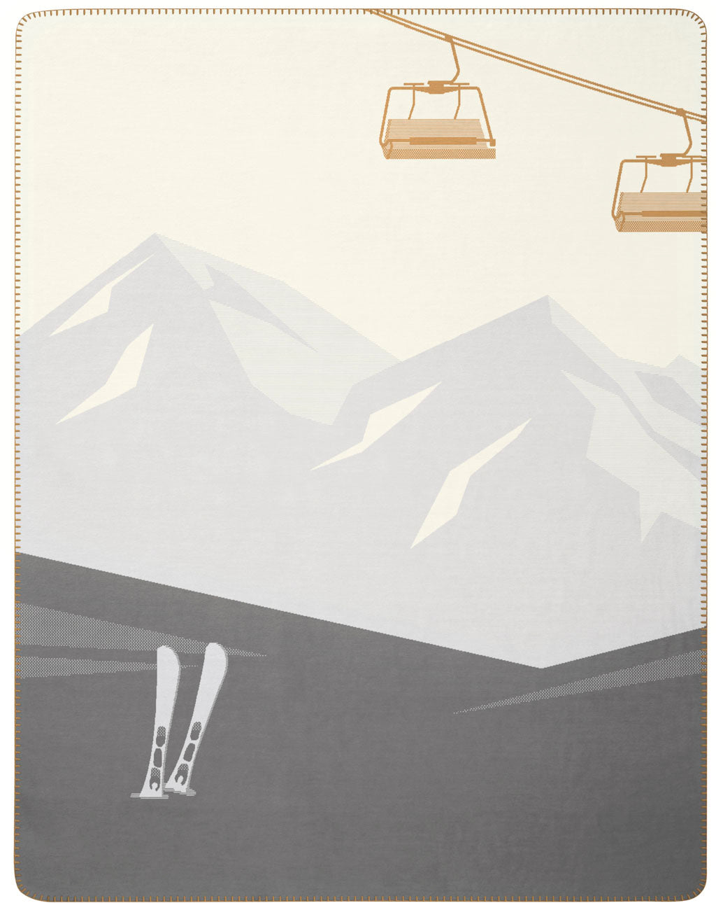 Mountain Valley Blanket in cream, grey and yellow. Yellow chair lifts shown against a cream sky and two tone grey mountain landscape with a pair of skis poking out of the snow.