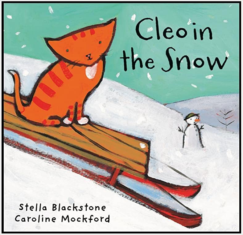 Font Cover: Cleo in the snow showing an orange cat riding a toboggan on a snowy hill