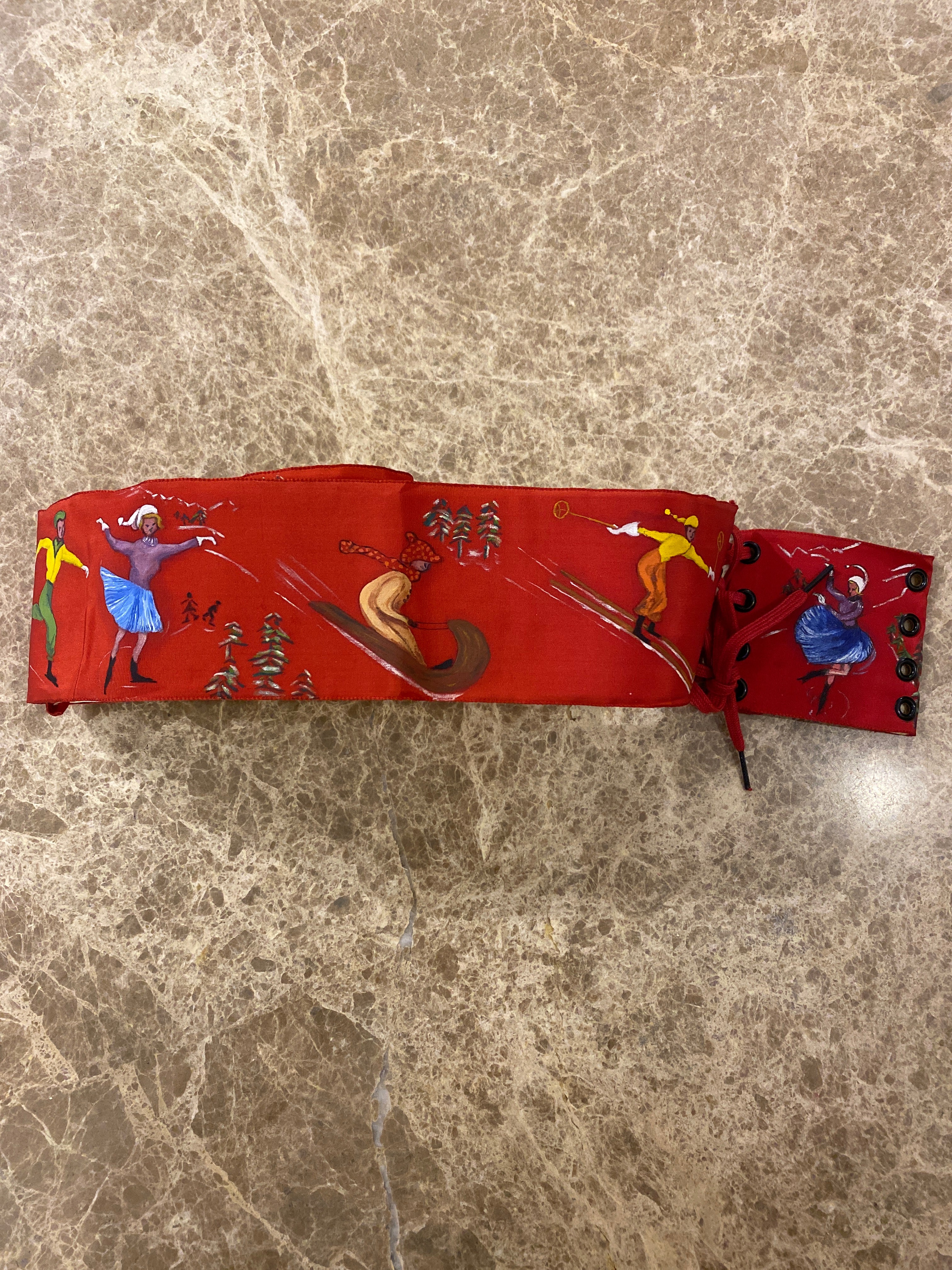 Vintage Red Belt with Hand Painted SnowSports. 4