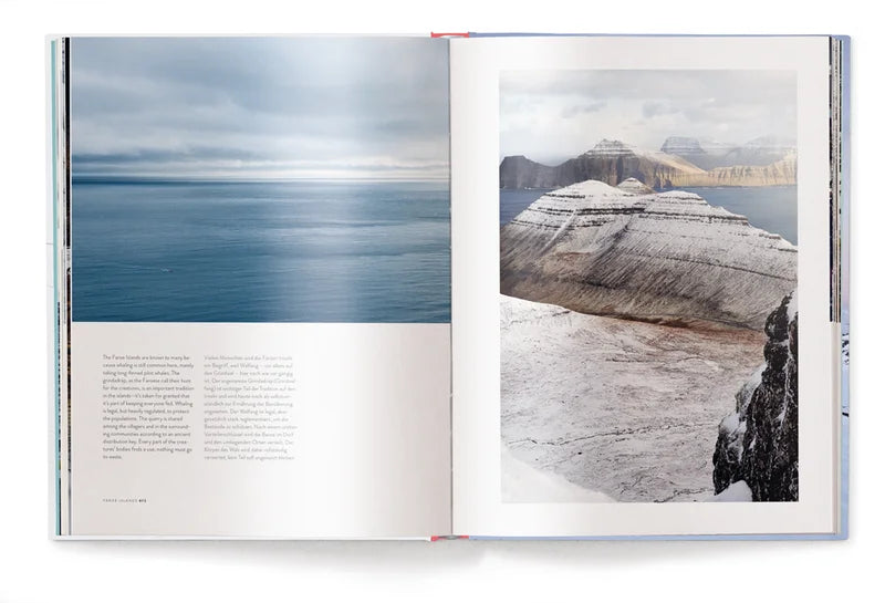 Image shows an open book with text and photographs of a mass of water and a photograph of cold snow dusted mountains circling a body of water