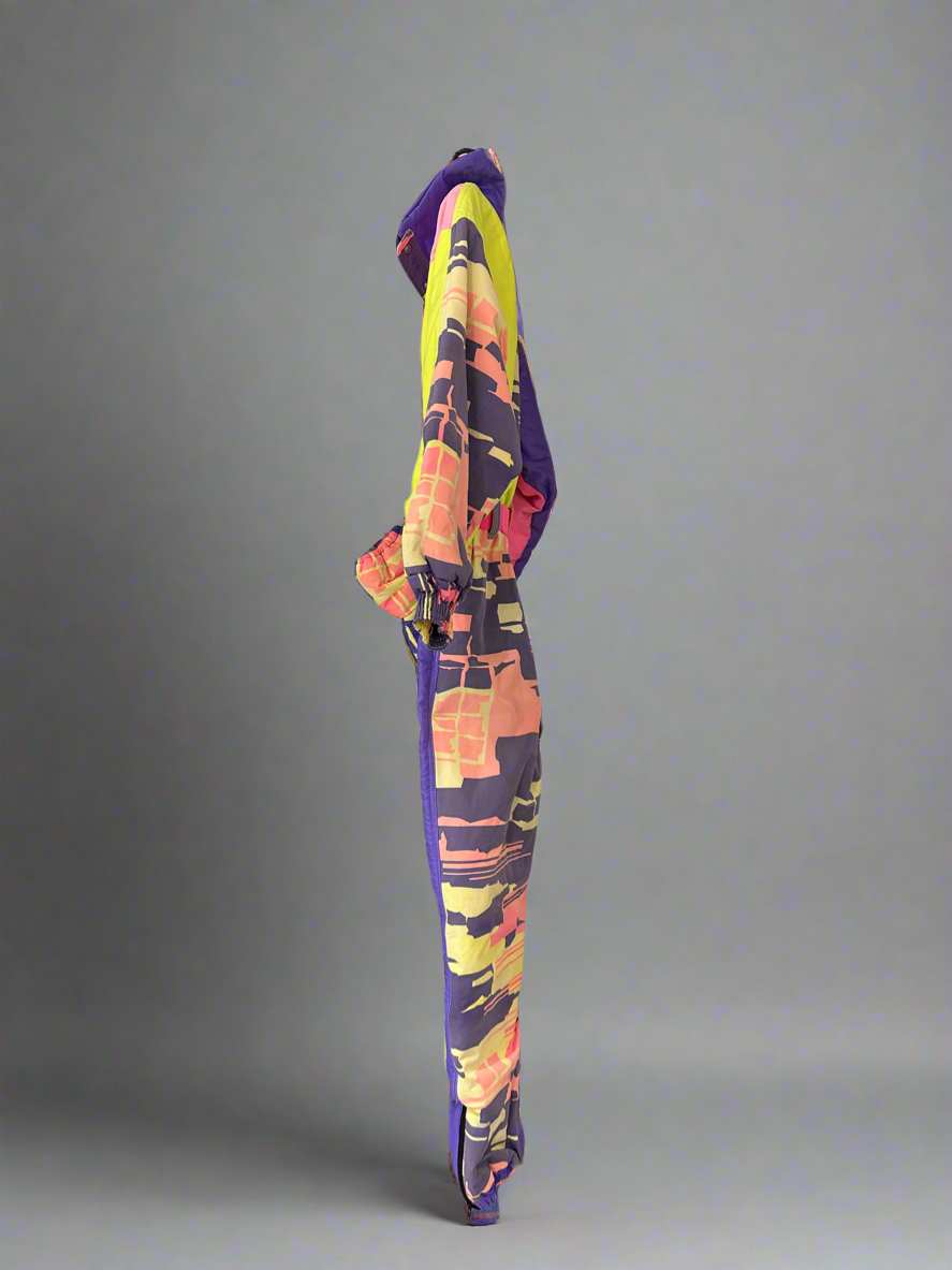 Vintage Rigolo Pink Purple Yellow Fluro 2-Piece Ski Suit. Side