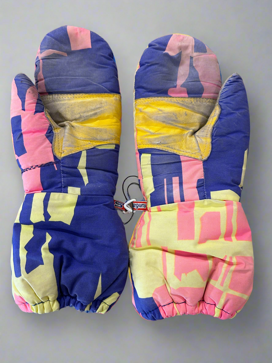 Vintage Rigolo Pink Purple Yellow Fluro Gloves as part of 2-Piece Ski Suit. Back, showing scuffing and use.
