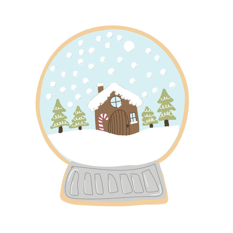 Image of the cardboard backing graphic depicting a snow globe with a with snowy cabin scene within it. Shown against a white backdrop. 