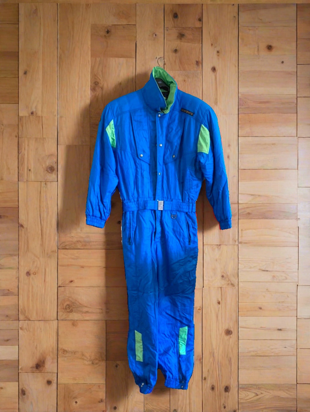 Descente Electric Blue & Fluro Green 1-piece ski suit. front view
