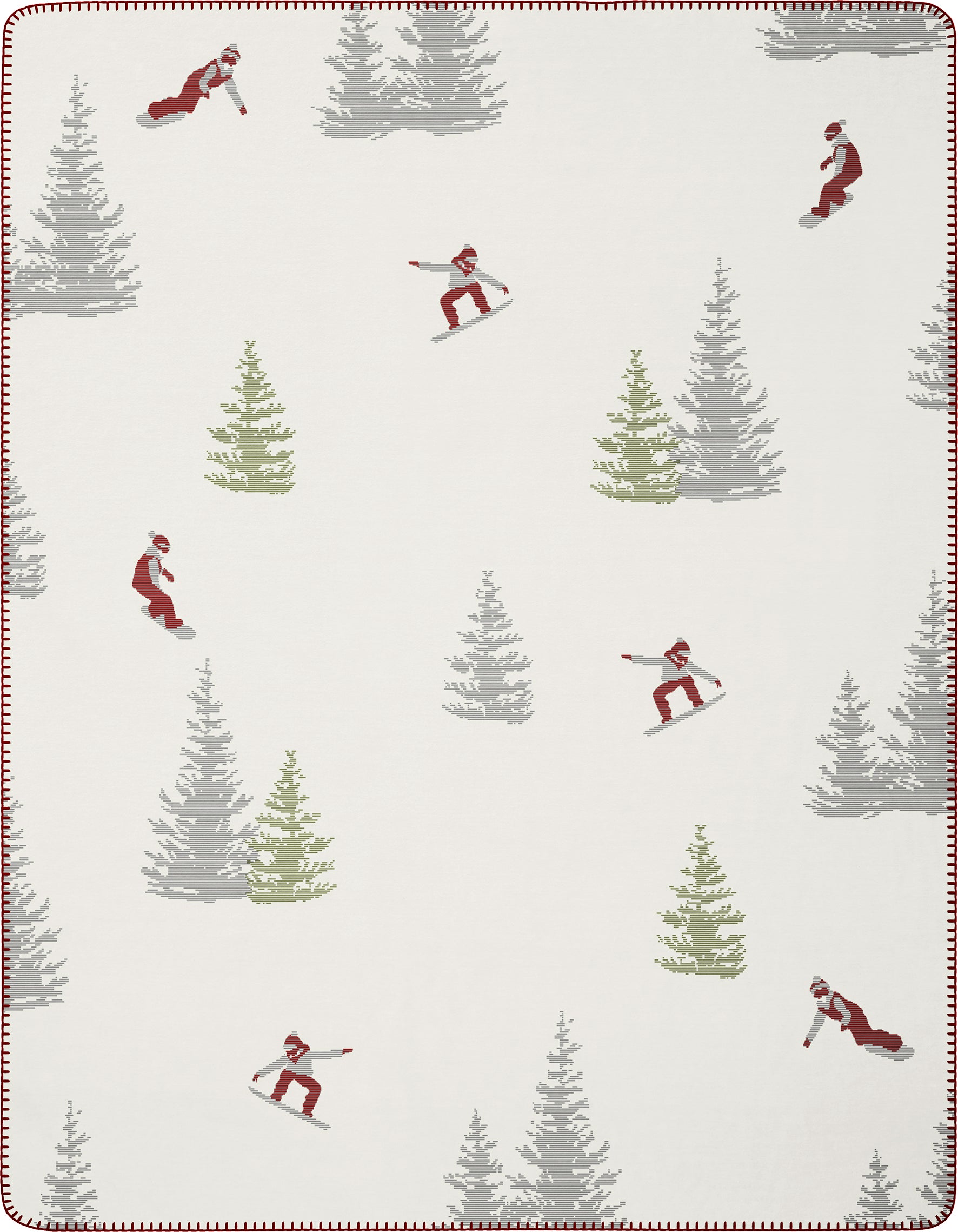Snowboard Blanket. Snowboarders wearing red and grey riding amongst green and grey coloured pine trees in the snow
