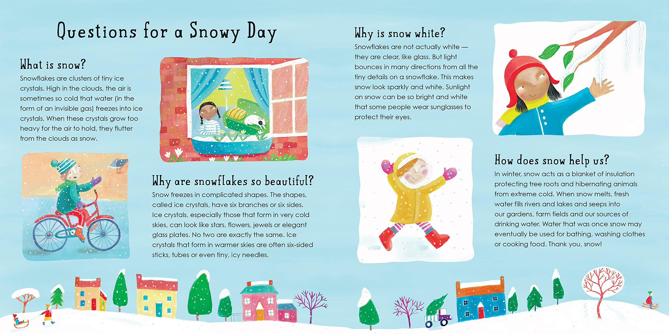 Text and illustrations page posing questions to ask about snow