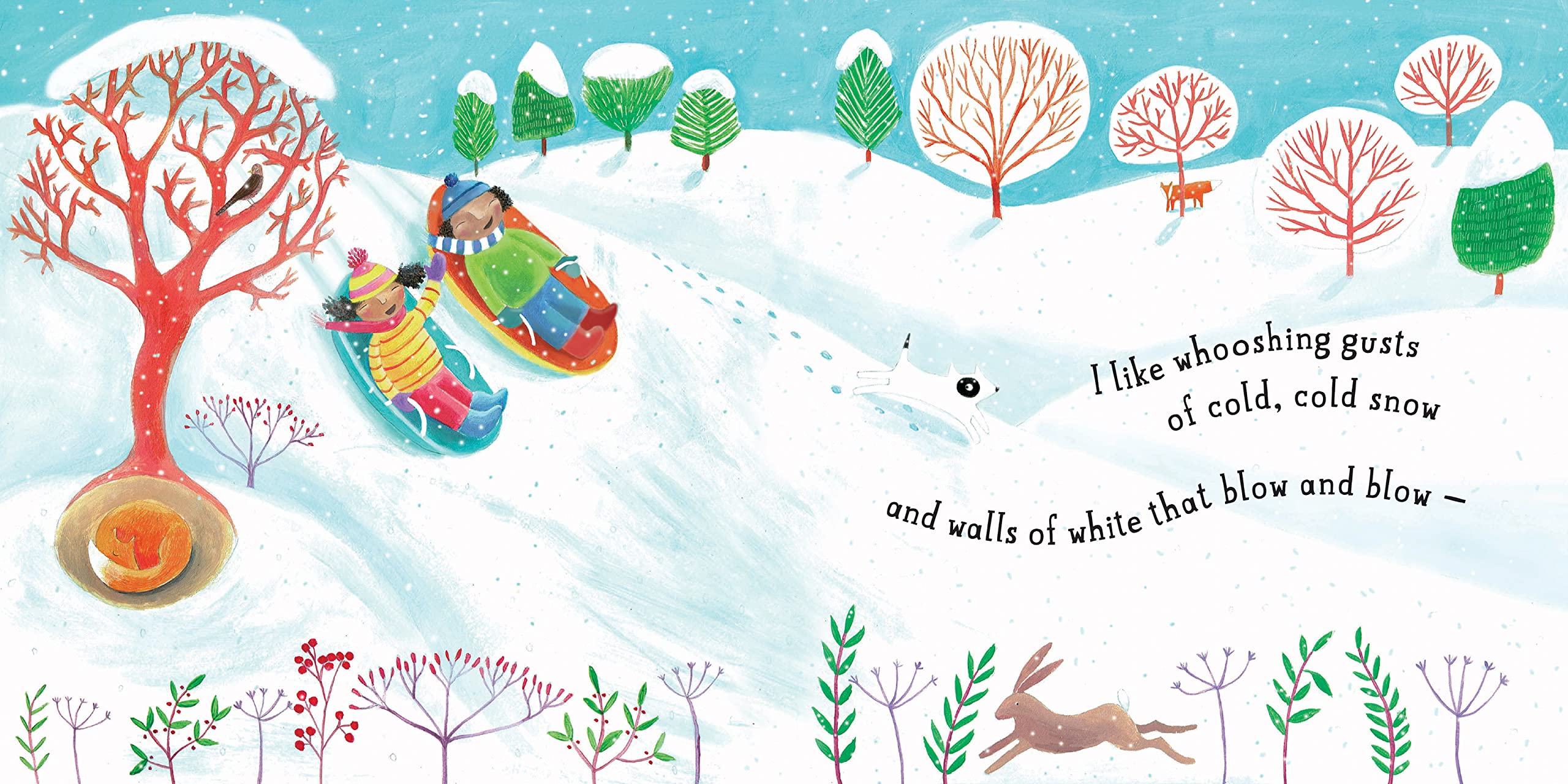 Illusstration showing 2 children tobogganing down a snow covered slope with trees