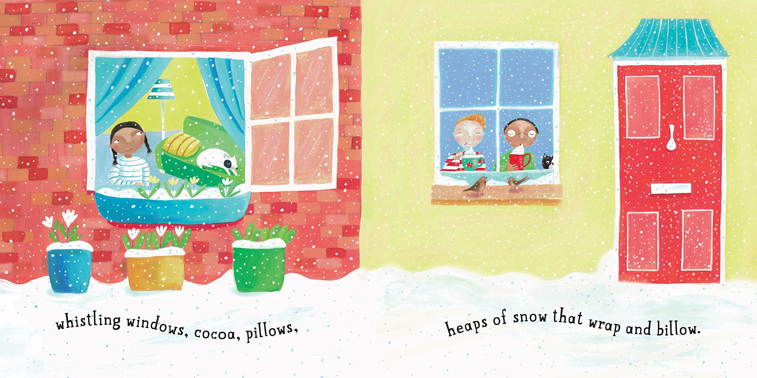Illustration showing people inside a house looking out a window while snow falls