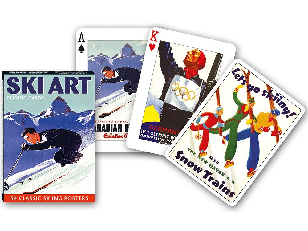 Image of 4 paying cards with art from famous vintage transport  and sporting posters against a white background. Ski Art Playing Cards deck in box, Canadian Rockies, Germany & Let’s Go Skiing Snow Trains