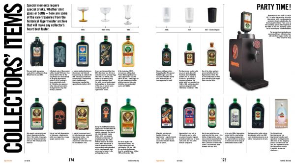 Two pages of the Jagermeister book, showing collectors items bottles and a Jagermeister dispenser