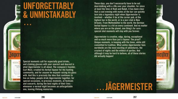 Two pages of the Jagermeisetr book, showing the brand bottles and white and orange text against a dark green backgounf