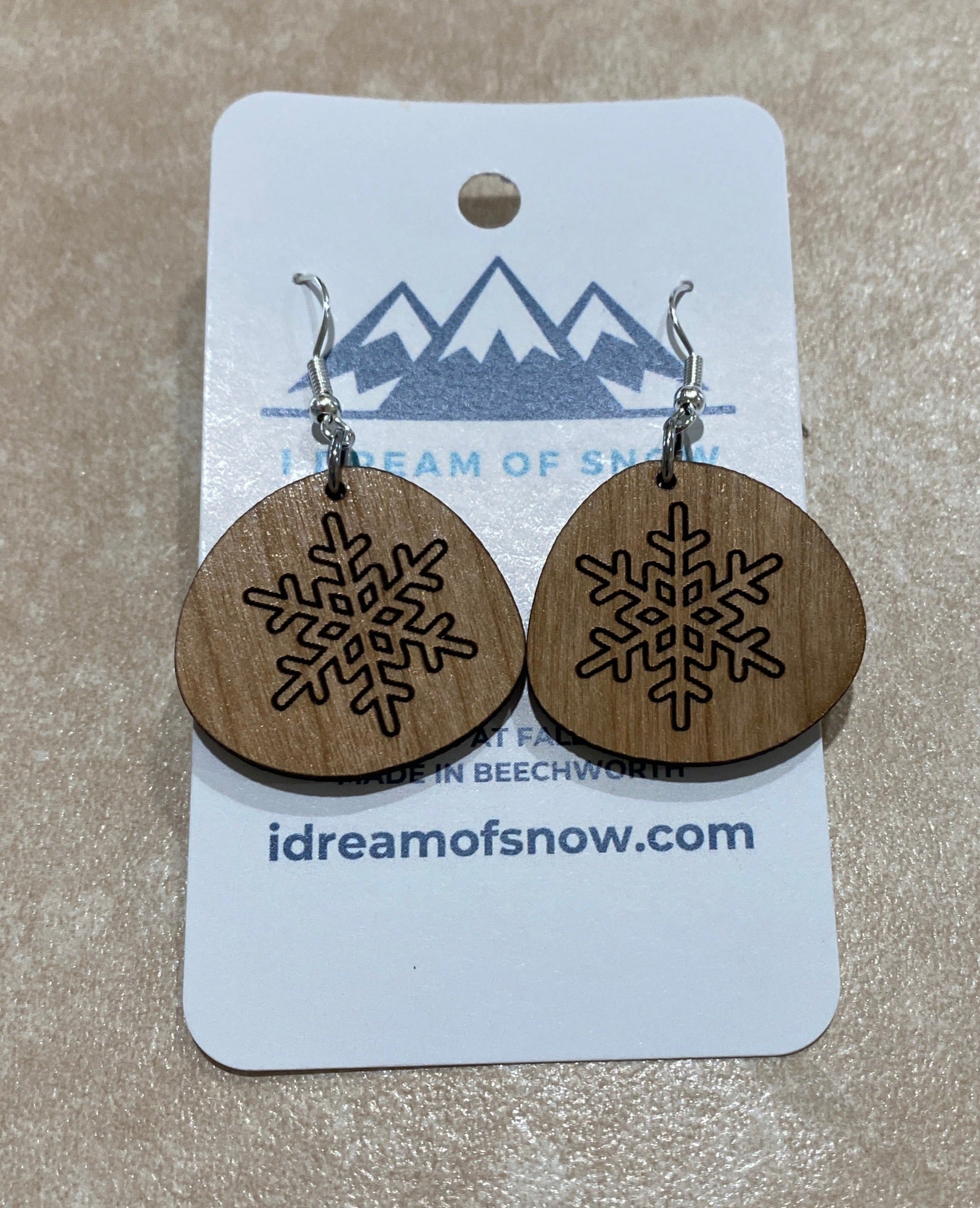 Cherry Wood Snowflake Earring 3 by I Dream Of Snow. Imagined in Falls Creek. Made in Beechworth.