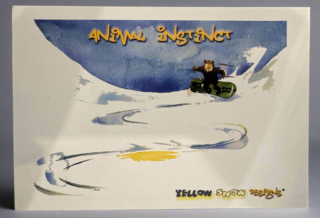  Animal Instinct Snowboard Watercolour Image. Colour Postcard. Yellow Snow Designs