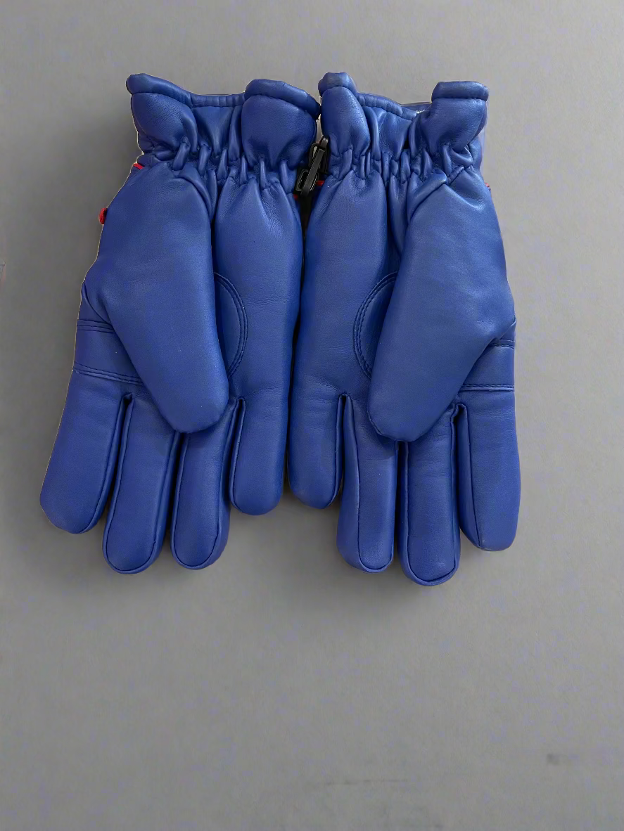 Blue Faux Leather Gloves With Red White Pinstripes. back