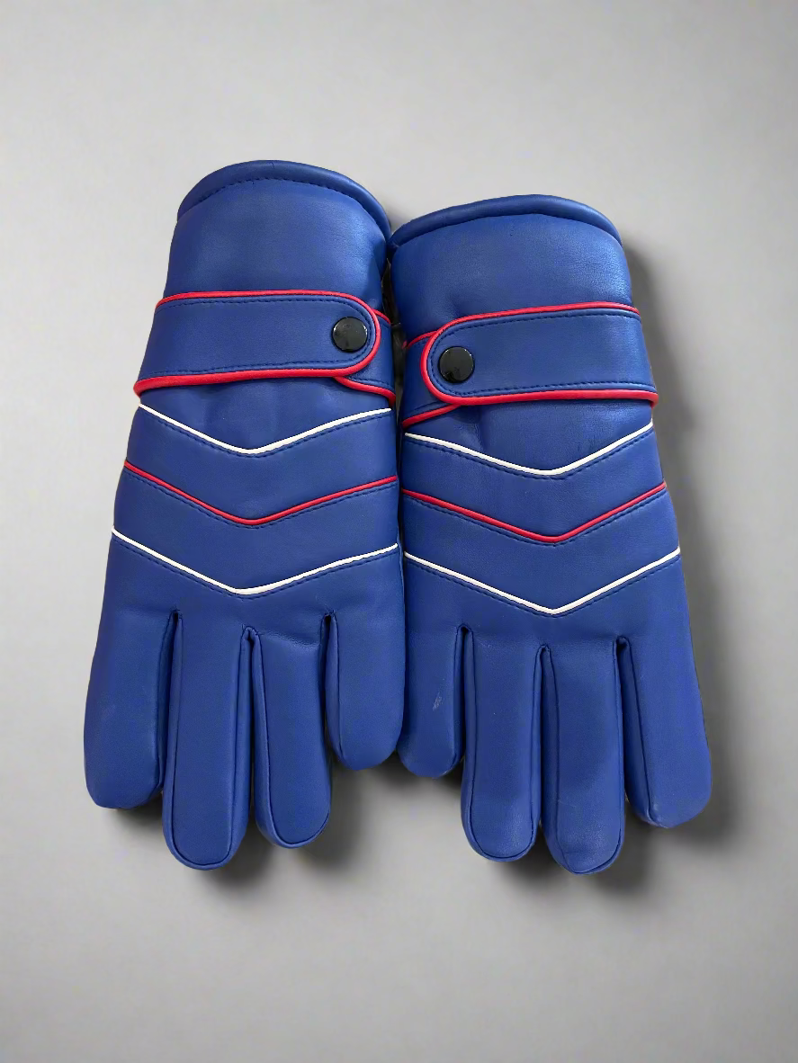 Blue Faux Leather Gloves With Red White Pinstripes front