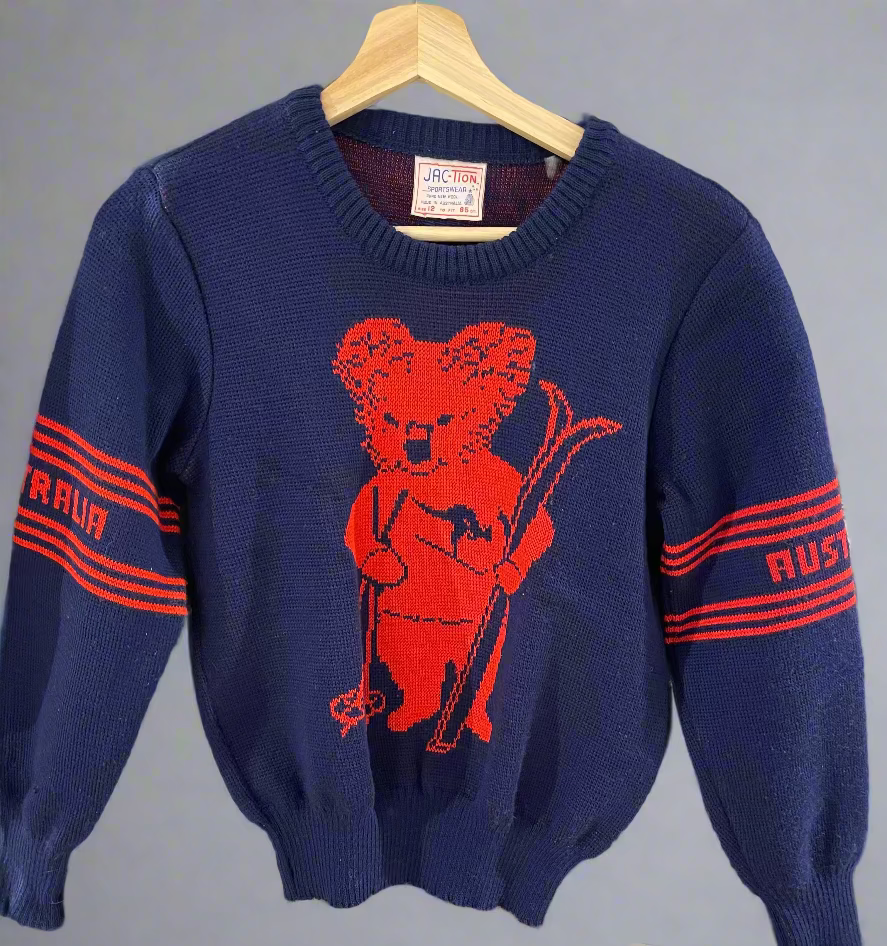 Vintage Navy Blue Jac-Tion Koala With Skis Jumper. front