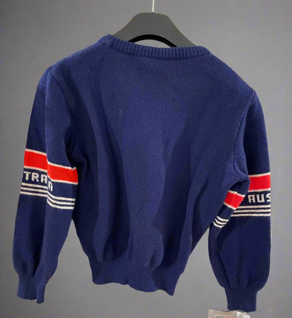 Vintage The Australian Outback Collection Navy Blue Red Skiing Kangaroo Jumper. Back