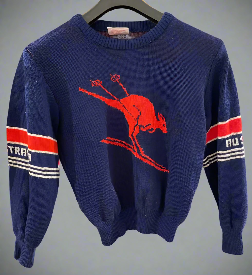 Vintage The Australian Outback Collection Navy Blue Red Skiing Kangaroo Jumper. front