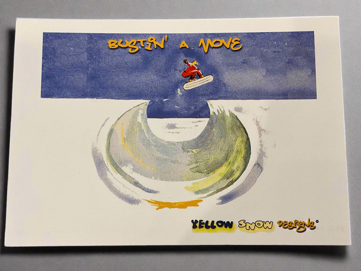 Bustin' A Move. Snowboarder in Half Pipe Watercolour Image. Colour Postcard. Yellow Snow Designs