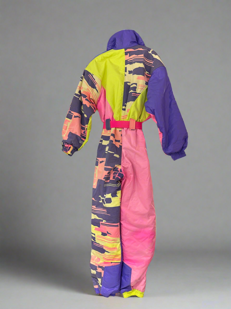 Vintage Rigolo Pink Purple Yellow Fluro 2-Piece Ski Suit. Back
