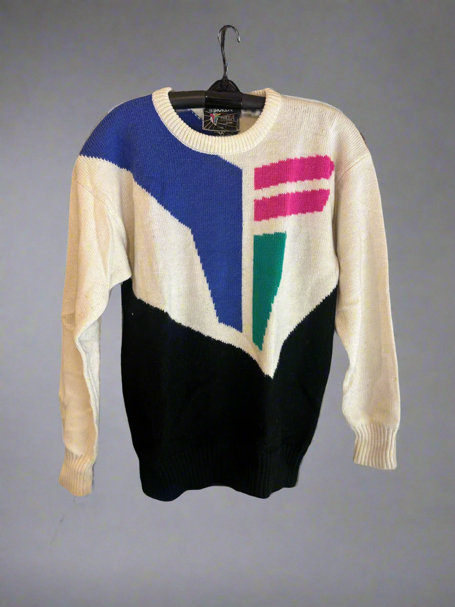 Vintage Tyrolia by Head Black White Pink Purple Green Jumper. Front
