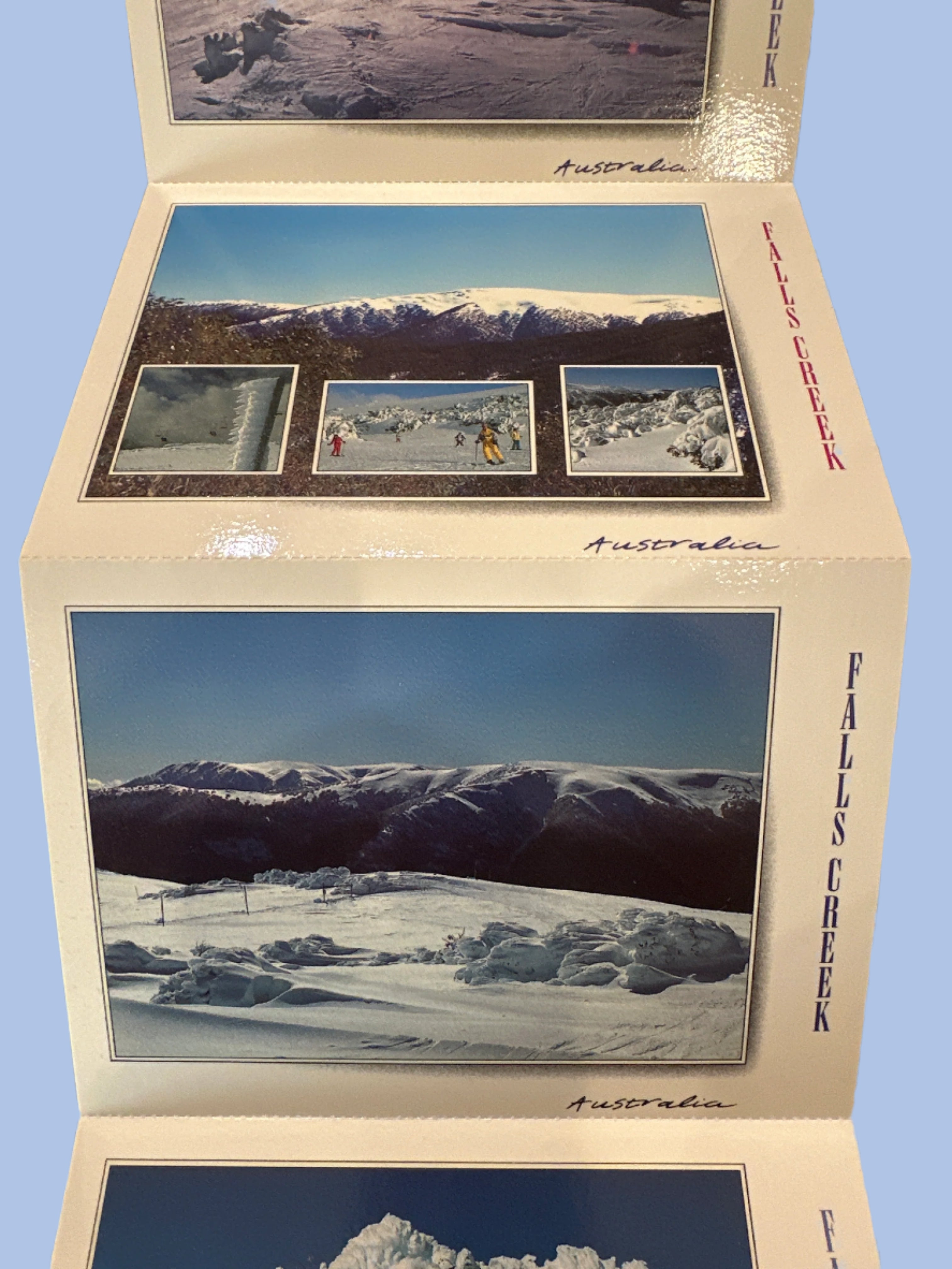 Falls Creek 1990's Fold out Post Card Set - white background unfolded 2