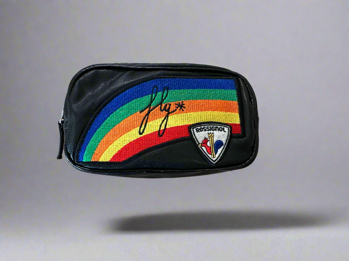 Vintage Rossignol Black Faux Leather & Embroidered Rainbow Bum Bag/Pouch