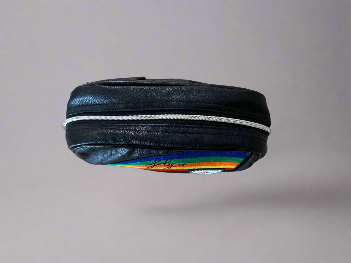 Vintage Rossignol Black Faux Leather & Embroidered Rainbow Bum Bag/Pouch