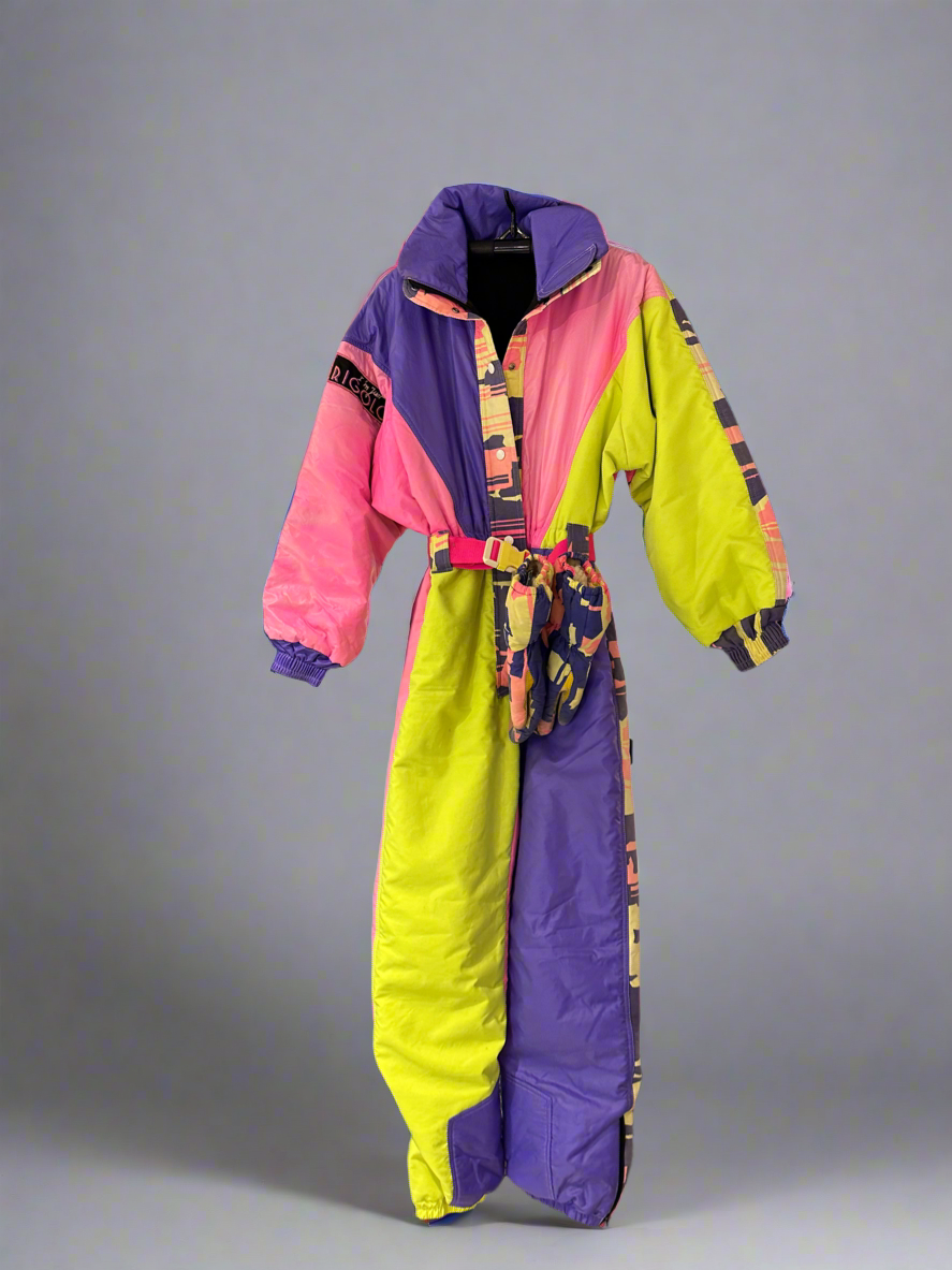 Vintage Rigolo Pink Purple Yellow Fluro 2-Piece Ski Suit. Front