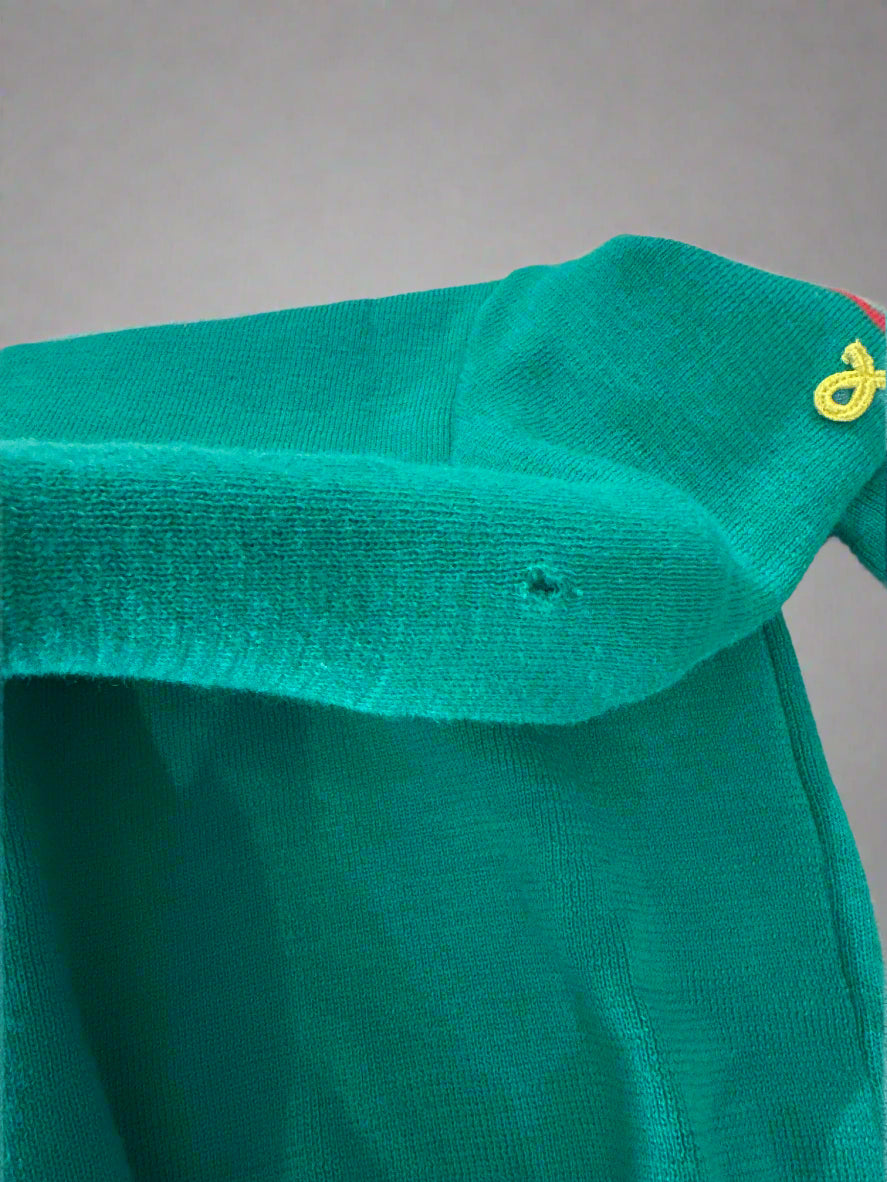 Vintage Demetre Green Jumper With Multi Coloured Stripes. Hole in shoulder.