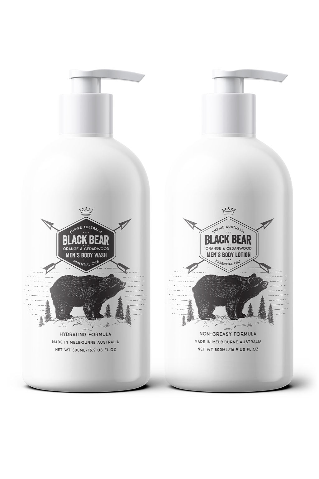 Image of Black Bear Men's Orange & Cedarwood body wash 500ml bottle & body lotion 500ml bottle.