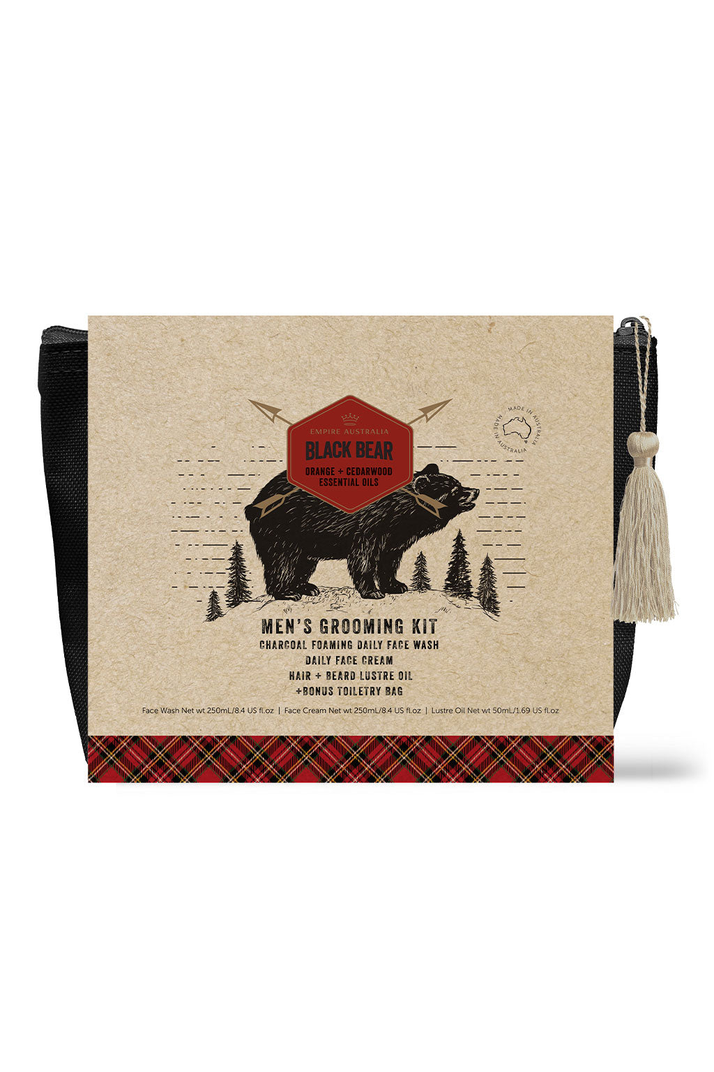 Image of Black Bear Men's Orange & Cedarwood Grooming Gift Set: a beautiful beige and red packaging with gold foil accents and the image of a bear amongst trees on the front cover. Inside the packaging is a dark coloured toiletry bag