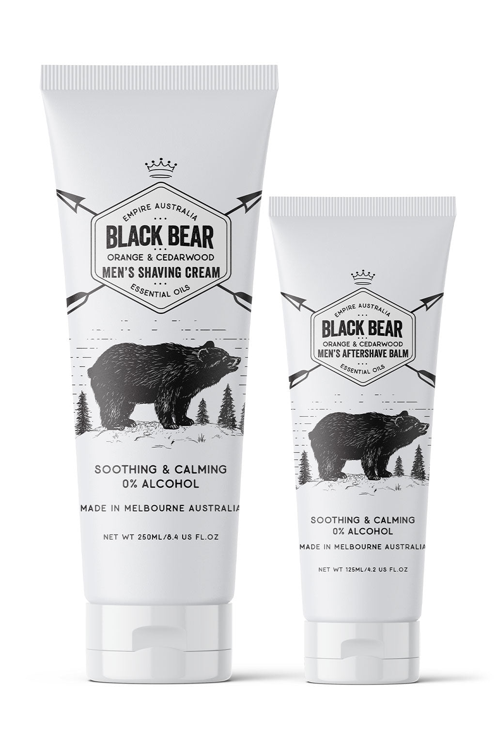 Image of Black Bear Men's Orange & Cedarwood Grooming Gift Set: a tube of shaving cream and a tube of aftershave balm