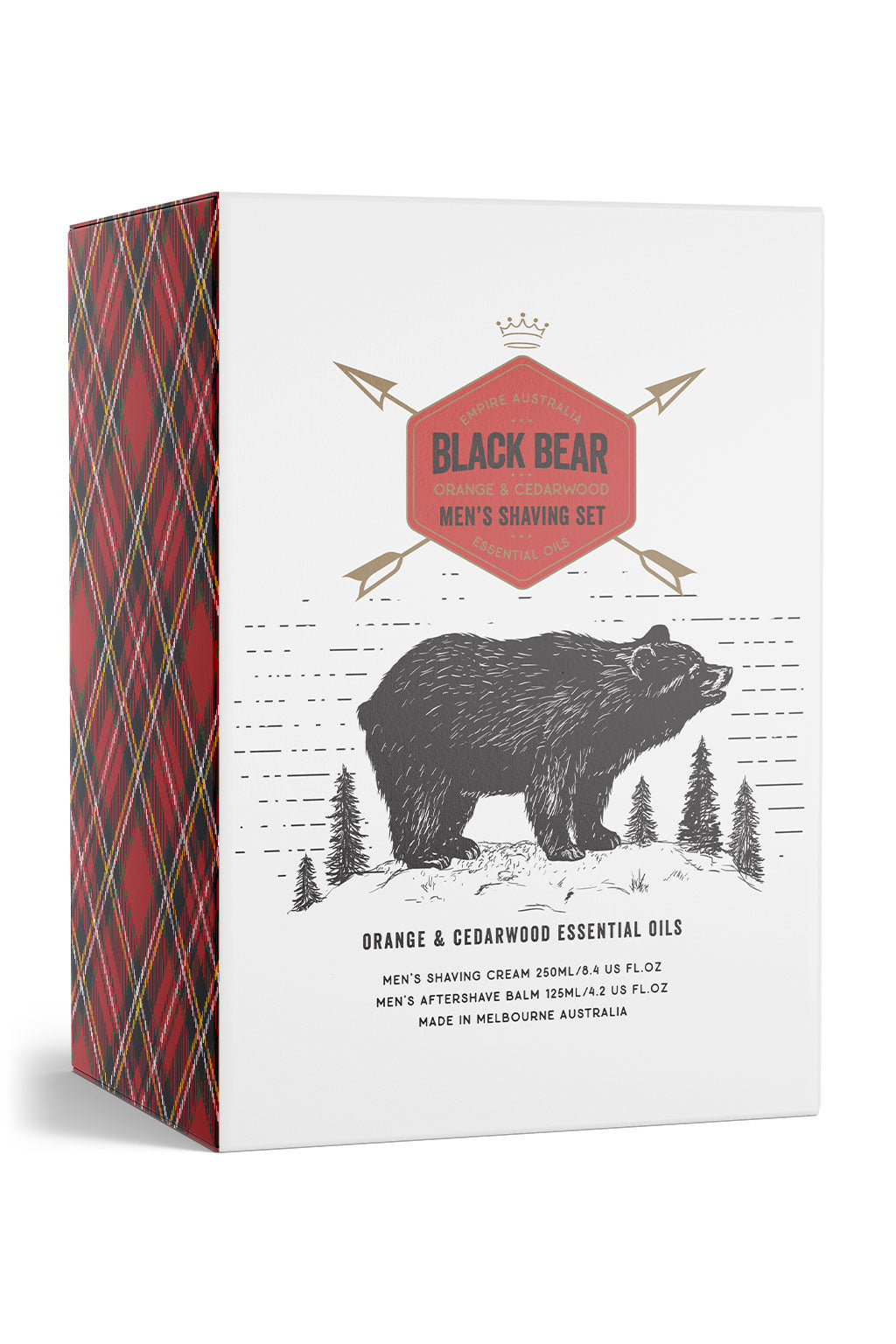 Image of Black Bear Men's Orange & Cedarwood Shaving Gift Set: beautiful white and red packaging with gold foil accents and the image of a bear amongst trees on the front cover.